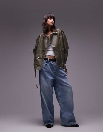 Topshop super oversized faux leather biker jacket in washed green