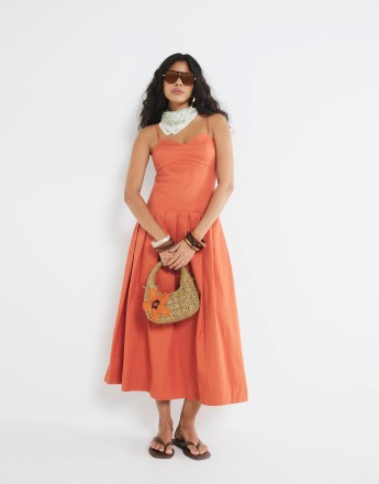 River Island Sleeveless strappy corset midi dress in rust