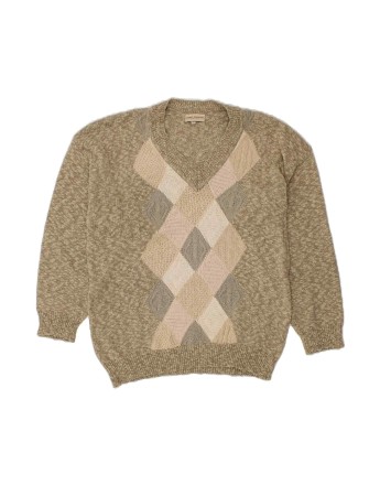 Vintage V-neck Jumper Sweater Medium In Beige Argyle/diamond
