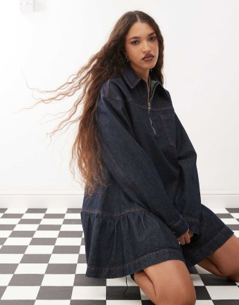 COLLUSION denim mini smock dress In indigo