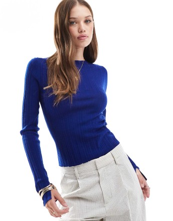& Other Stories merino wool knitted rib fitted top with boat neck and split cuffs in bright blue