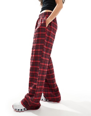 Bershka button front pull on wide leg trousers in red check