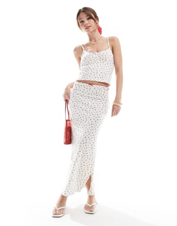 Pull&Bear ditsy floral pointelle maxi skirt co-ord in white