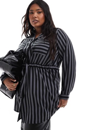 Yours stripe utility tunic shirt in grey and black