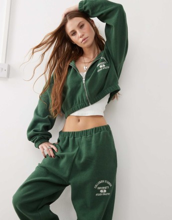 COLLUSION retro style fleece crop zip hoodie co-ord in green