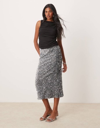 Vila sequin & velour maxi skirt in silver grey