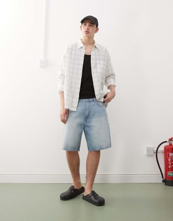 Weekday linen blend oversized long sleeve shirt in off-white check