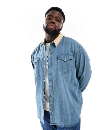 Levi's Big & Tall contrast collar relaxed fit western denim shirt in mid blue