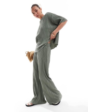 ONLY plisse wide leg trousers co-ord in green