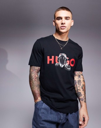 HUGO Red deyladec snake graphic t-shirt in black