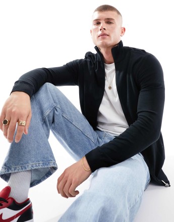 Selected Homme zip up knitted jumper in black