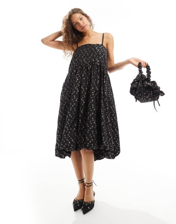 Dream Sister Jane tiered cami midi dress co-ord in black floral