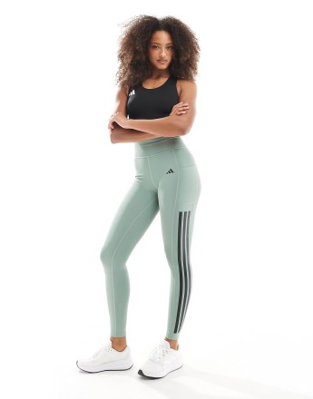 adidas Training Optime 3 stripe full length leggings in silver green