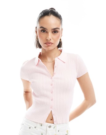 Stradivarius knitted short sleeve cardigan top in pink