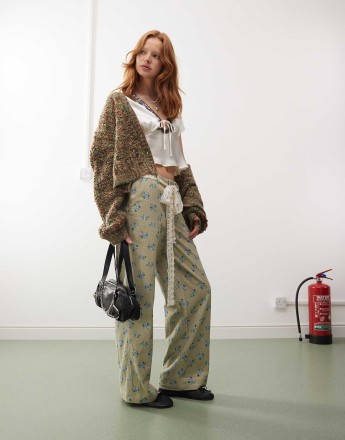 Reclaimed Vintage wide leg cord trousers with lace belt in floral print