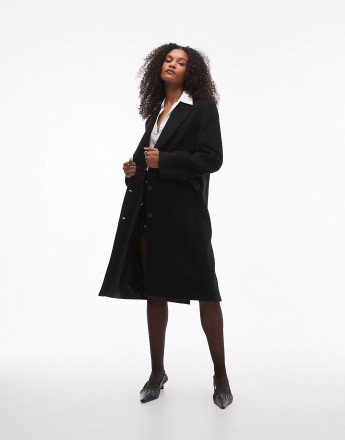 & Other Stories wool single breasted midi coat with flap pockets in black