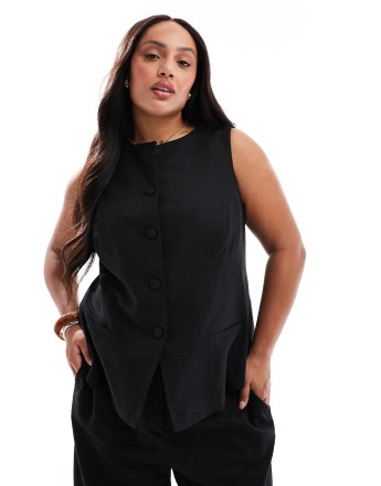 New Look Curve linen longline crew neck waiscoat in black