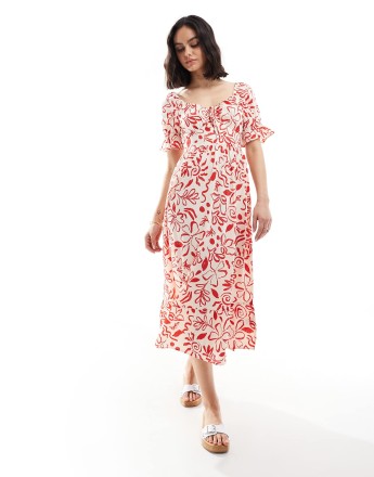 Wednesday's Girl ditsy print milkmaid puff sleeve midi dress in red and cream