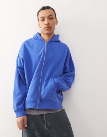COLLUSION zip through boxy hoodie in blue