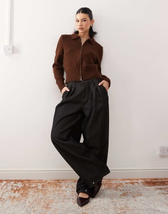 Reclaimed Vintage knitted zip through cardigan in chocolate