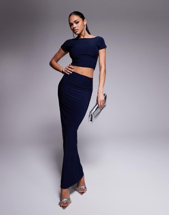 Kaiia exclusive double layered slinky column maxi skirt co-ord in navy