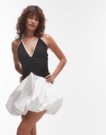 LAAGAM chloe puff ball halter mini dress