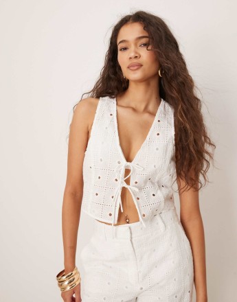 Mango cotton floral broderie tie front waistcoat co-ord in white