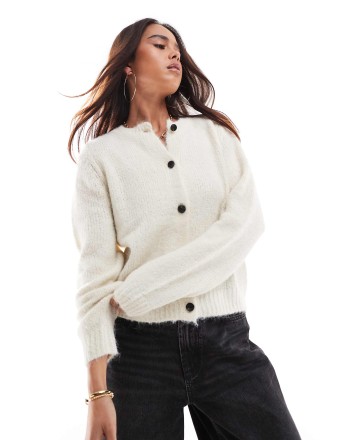 Vero Moda round neck knitted cardigan in cream melange