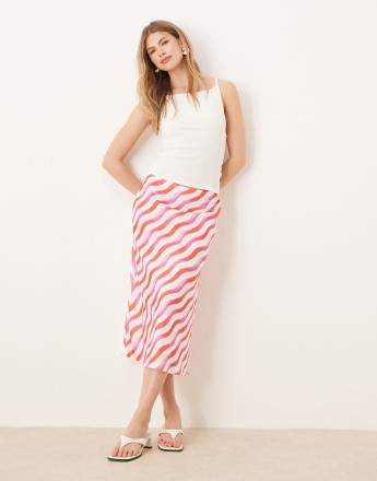 YAS diagonal stripe midi skirt in pink and white