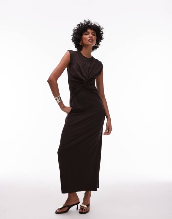 & Other Stories jersey midaxi dress with twist front detail in brown