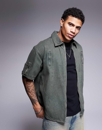 Liquor N Poker panelled denim shirt in green