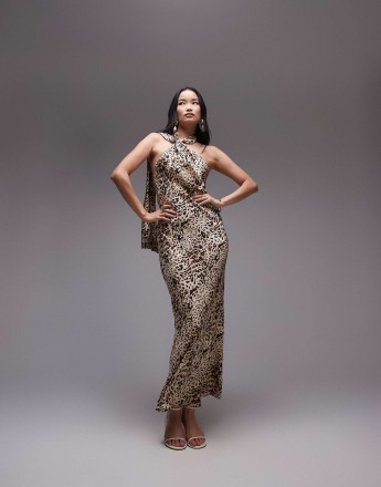Topshop tie neck halter maxi dress in abstract animal