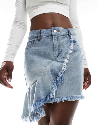 Miss Selfridge asym frill denim mini skirt in mid blue wash