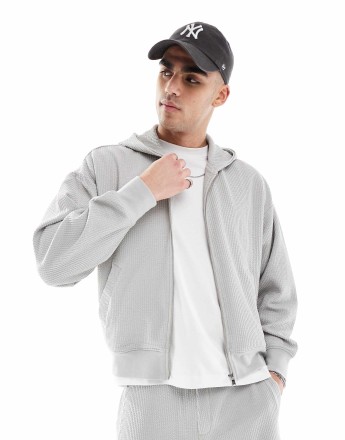 Bershka boxy crop seersucker co-ord hoodie in light grey