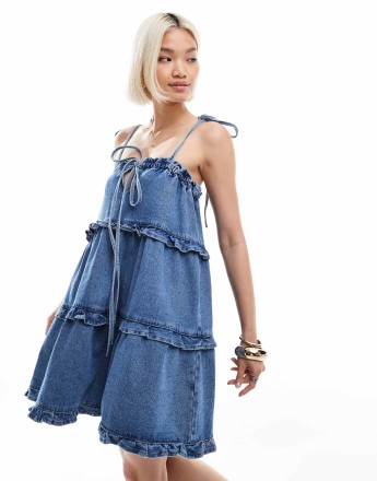 Miss Selfridge denim frill swing dress in mid wash