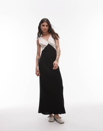 Topshop deep v contrast linen midi dress in black