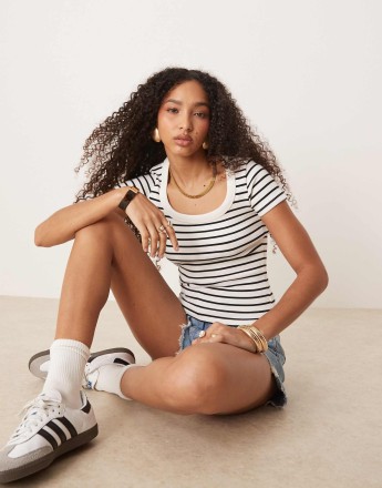 Gina Tricot scoop neck slim fit short sleeve rib top in black and white stripe