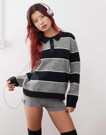 Motel yusnada striped rugby jumper in grey and navy