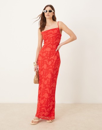 Pretty Lavish cowl neck jacquard slip maxi dress in red