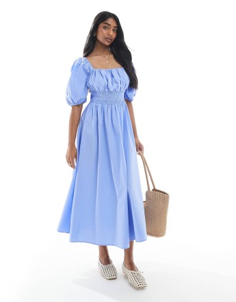 Vero Moda puff sleeve milkmaid style midi dress in blue