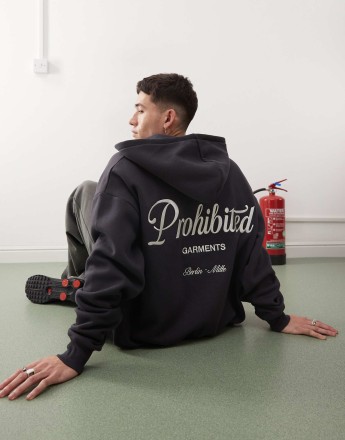 Prohibited script logo zip through hoodie in dark grey