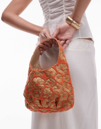 Topshop Sindri floral embellished bag in natural & orange