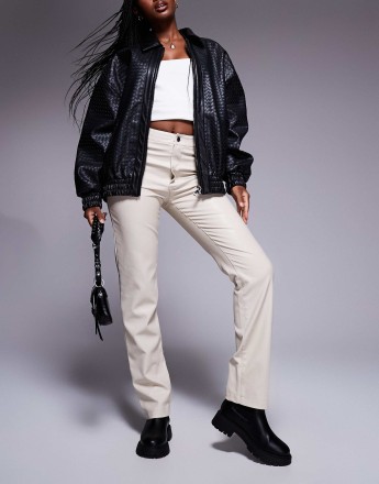 River Island faux leather straight leg trousers in light stone