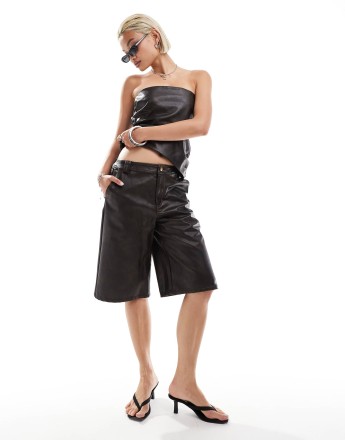 Emory Park distressed faux leather jorts co-ord in dark brown