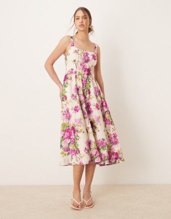 Hope & Ivy a-line strappy corset midi dress in pink print