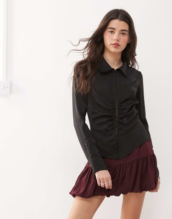 Weekday ruched satin shirt in black