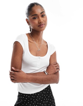 Stradivarius popper detail sweetheart neck t-shirt in white