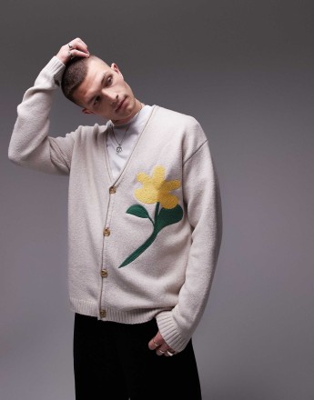 Topman cardigan in ecru with flower embroidery
