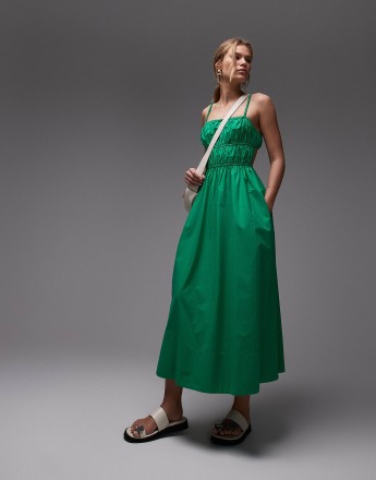 Topshop shirred poplin midi dress in green