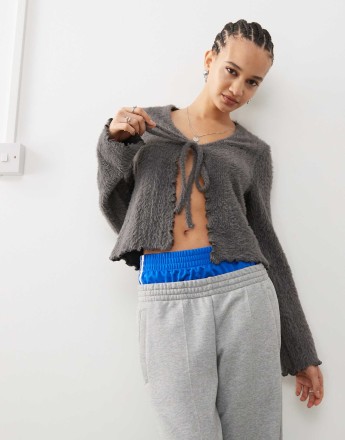 COLLUSION tie front fluffy cardigan in charcoal